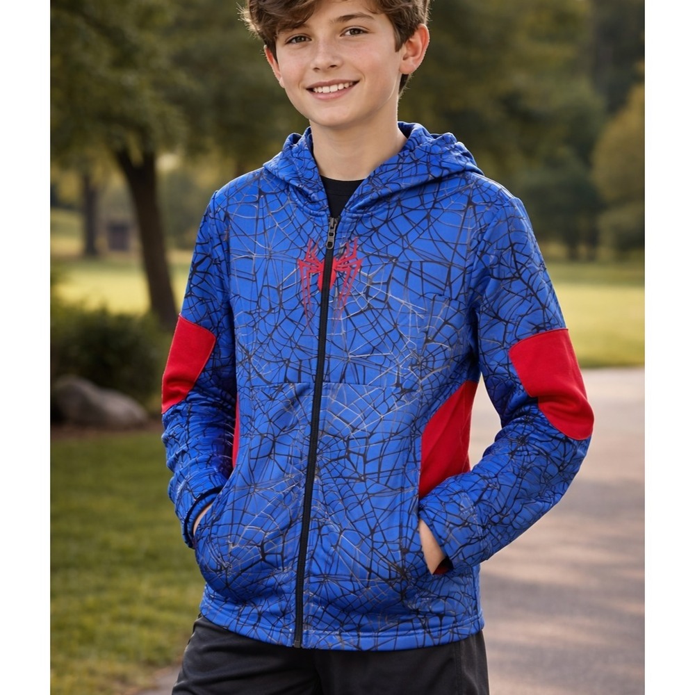 Marvel Boys Spyder Spiderman Riot Hooded Fleece Jacket Size XL Blue Lightweight